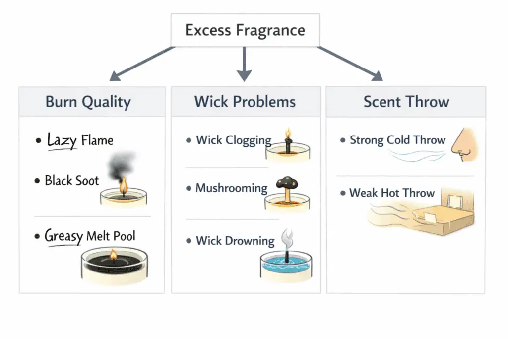 Diagram showing problems from adding too much fragrance to soy wax, including burn quality, wick iss.