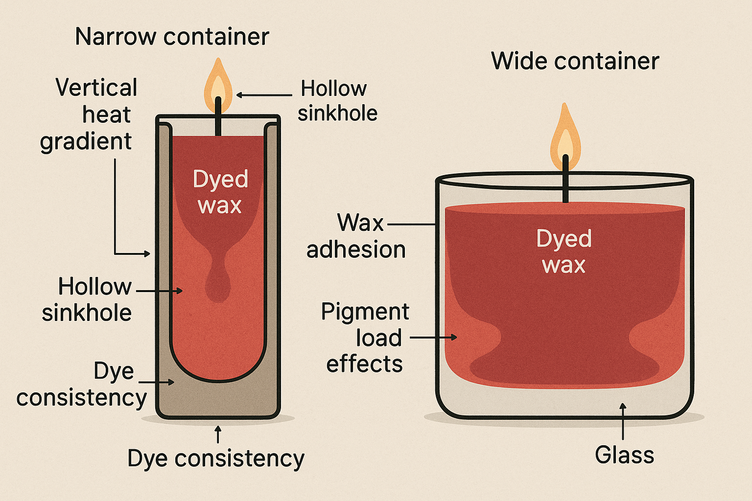 comparison of narrow vs wide candle containers showing wax cooling and sinkhole risks