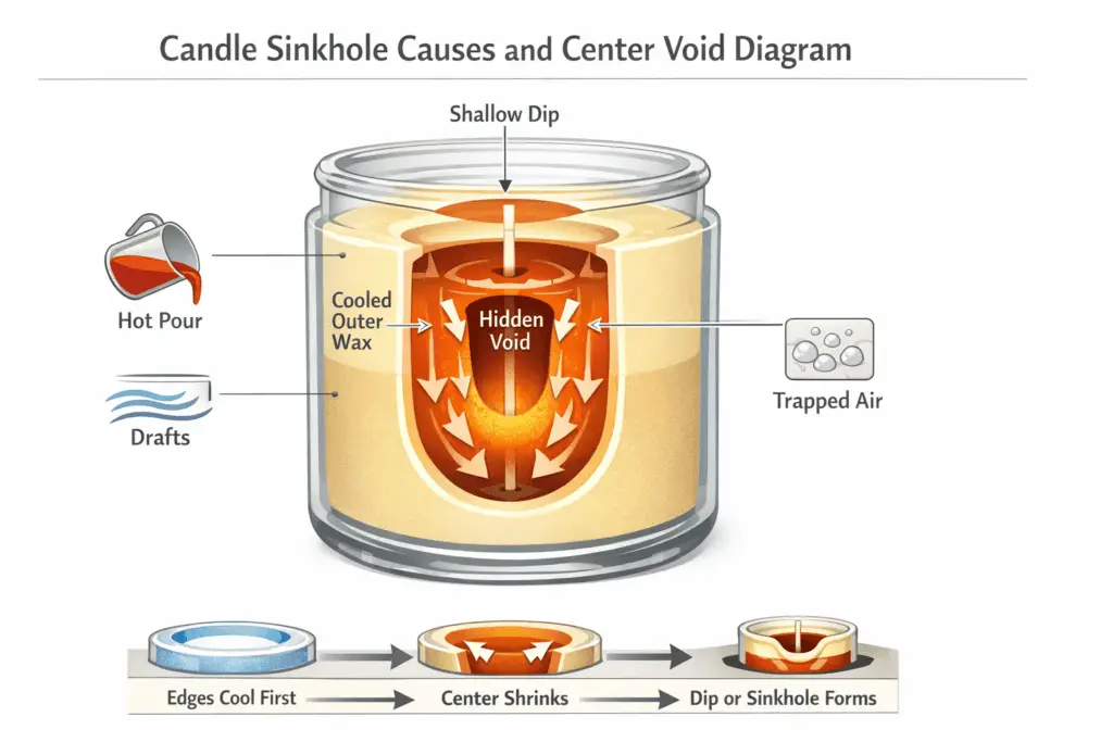candle sinkhole causes and wick void cooling diagram
