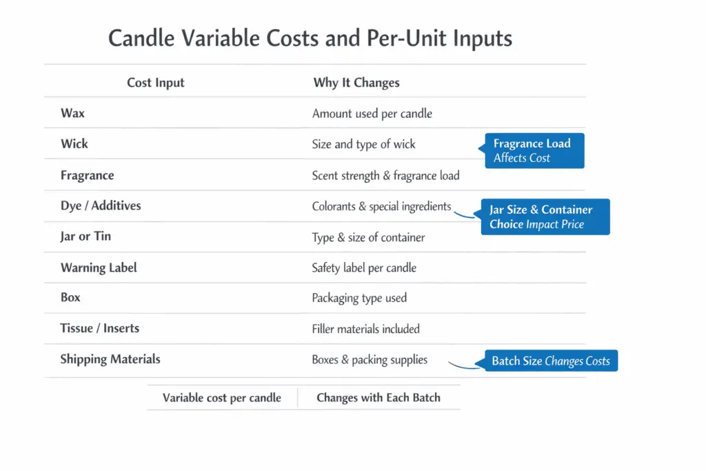 candle variable costs and per-unit inputs