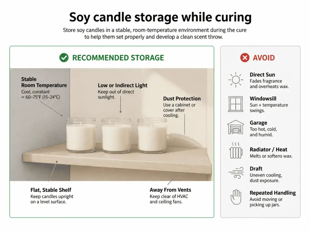 soy candle storage setup and stable room-temperature cure conditions