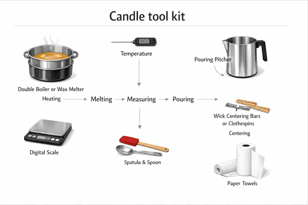 candle tool kit and pouring setup