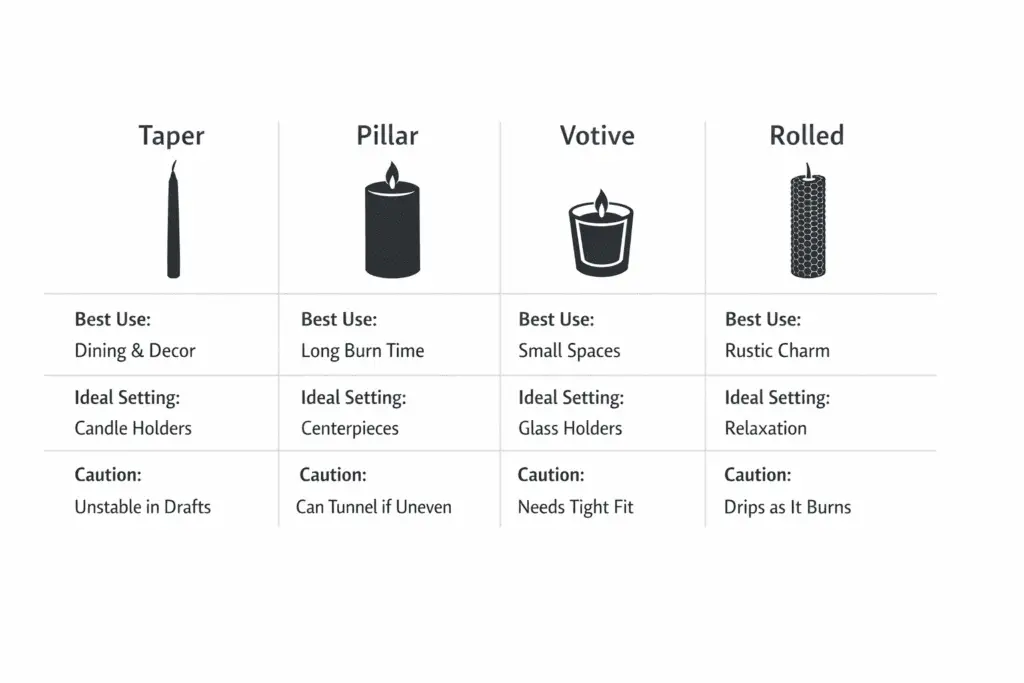 taper pillar votive and rolled beeswax candle uses