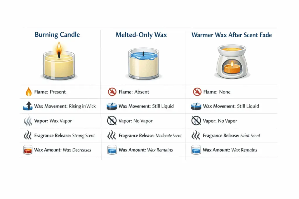 burning candle and melted-only wax and warmer wax comparison