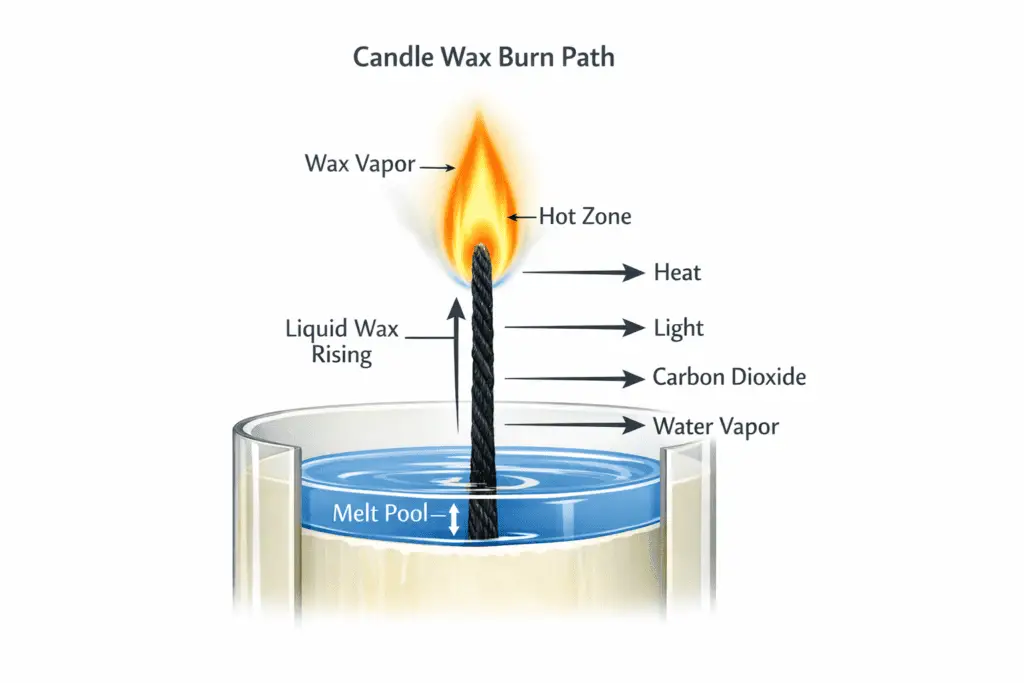 candle wax melt pool and wick feed and vapor burn path