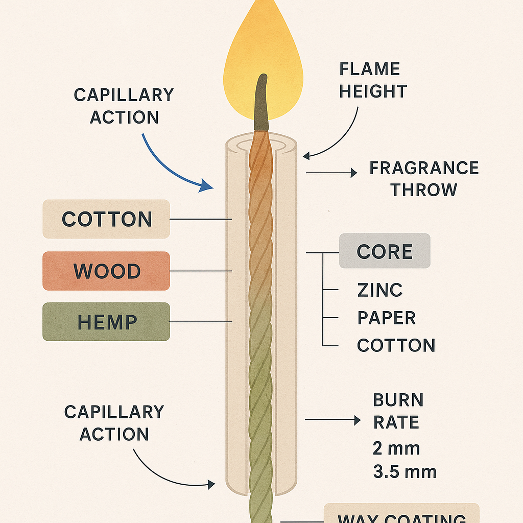 candle wick anatomy layers including fiber core and wax coating