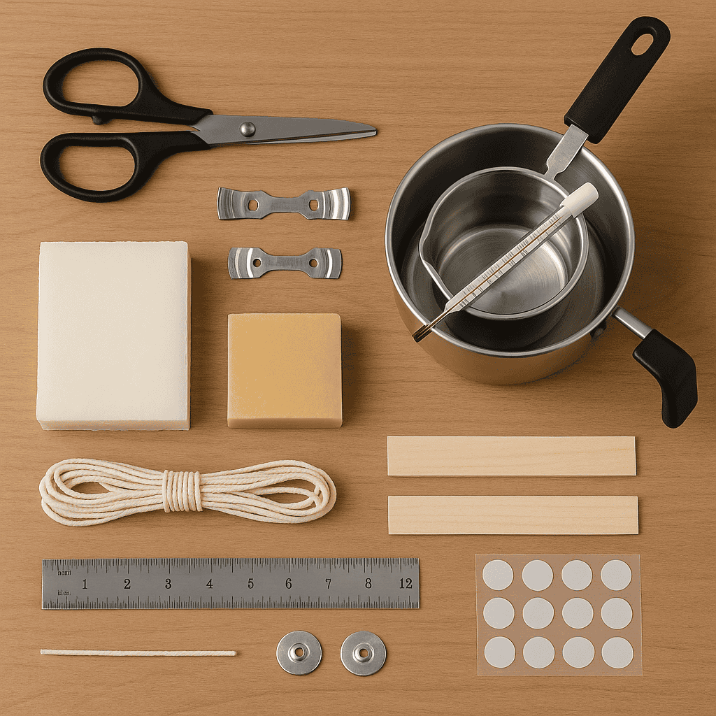 overhead view of wick-making tools and materials on tabletop