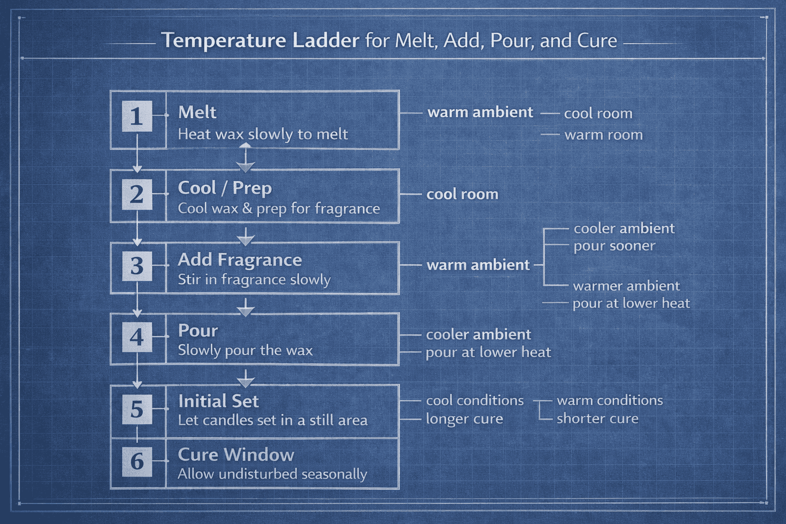Temperature control steps for melting, scenting, pouring, and curing candles