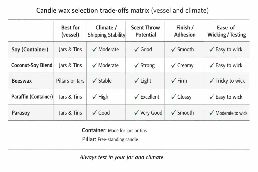 Candle wax comparison matrix showing trade-offs between scent throw, finish, heat tolerance, and cost