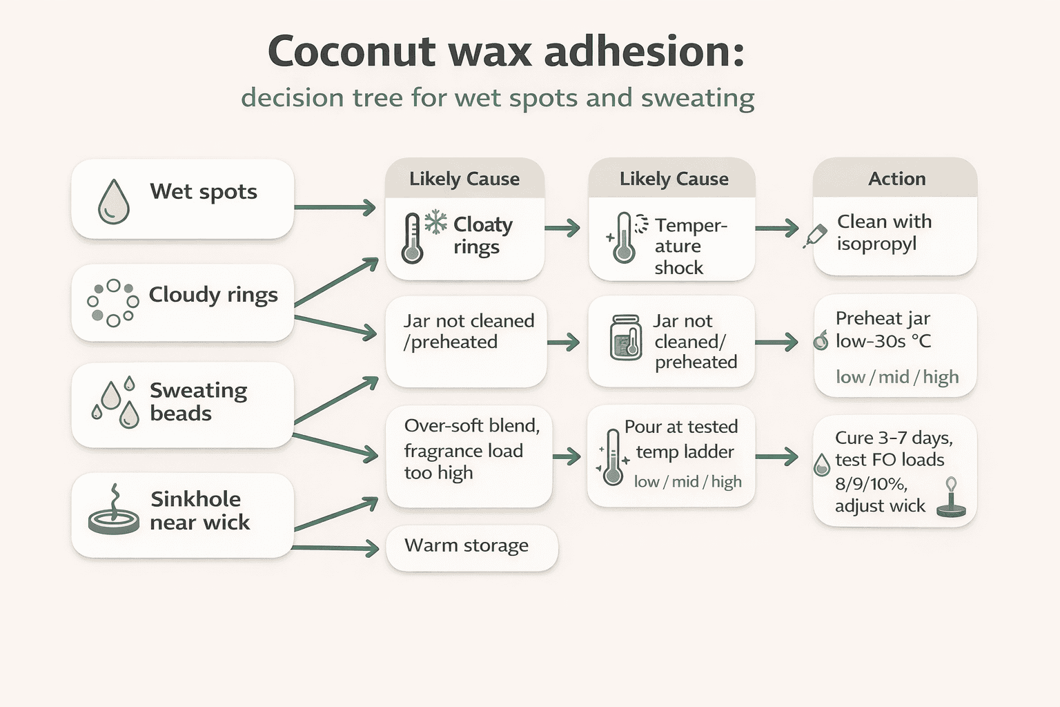 Candle making — Coconut wax — adhesion and wet-spot decision tree