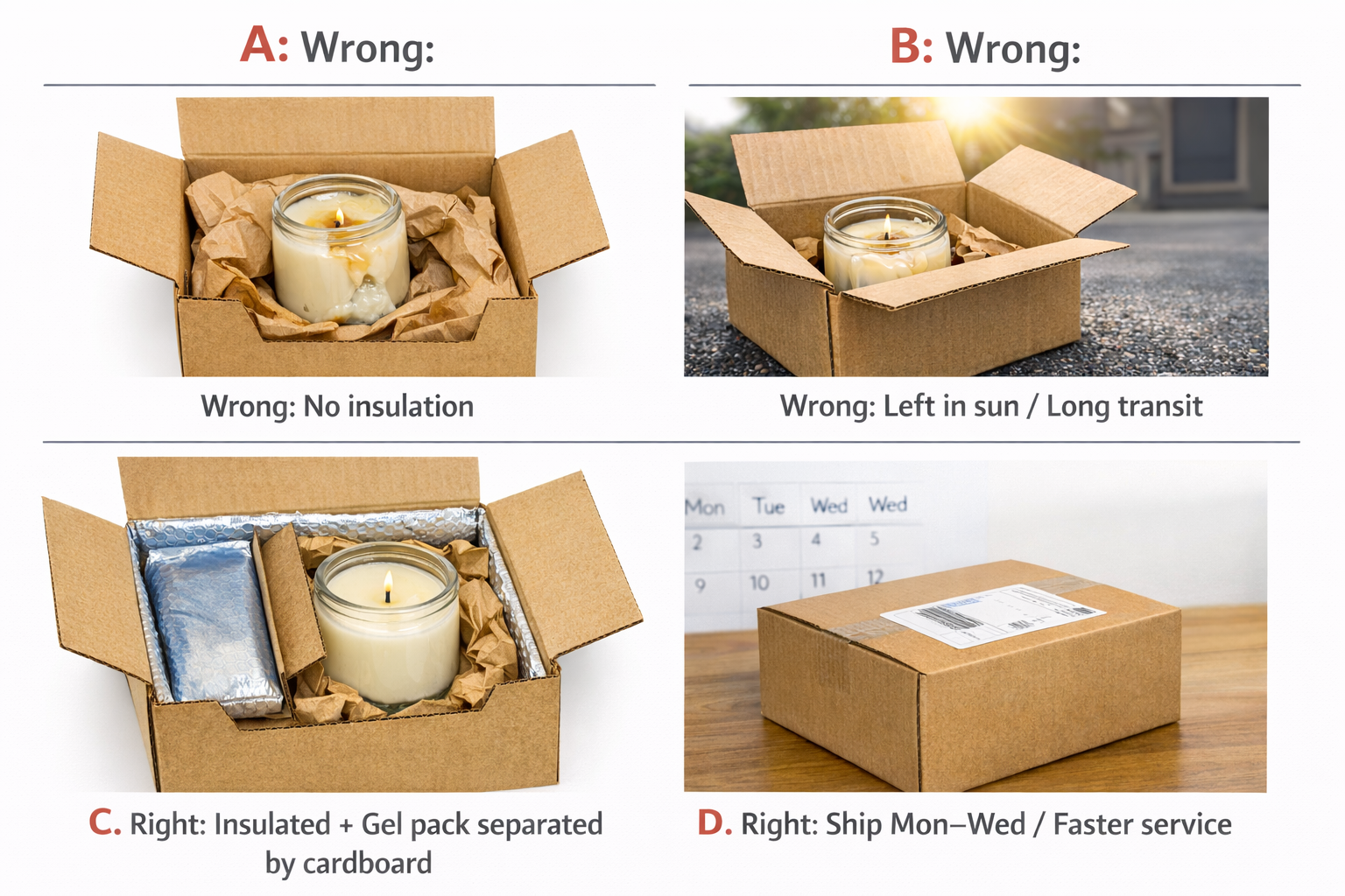 candle making candle heat damage vs proper packing examples