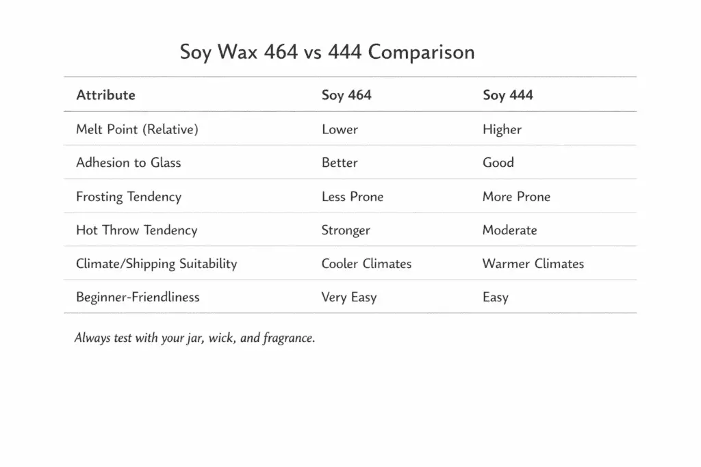 Soy wax grades 464 and 444 compared by melt behavior and room-temperature performance
