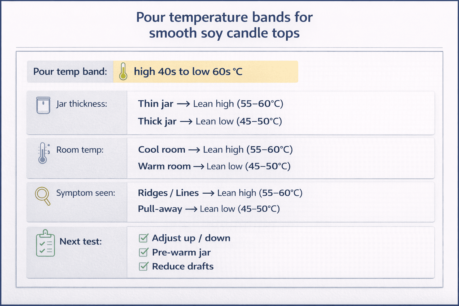 Soy wax pour temperature benchmark for smooth tops and adhesion