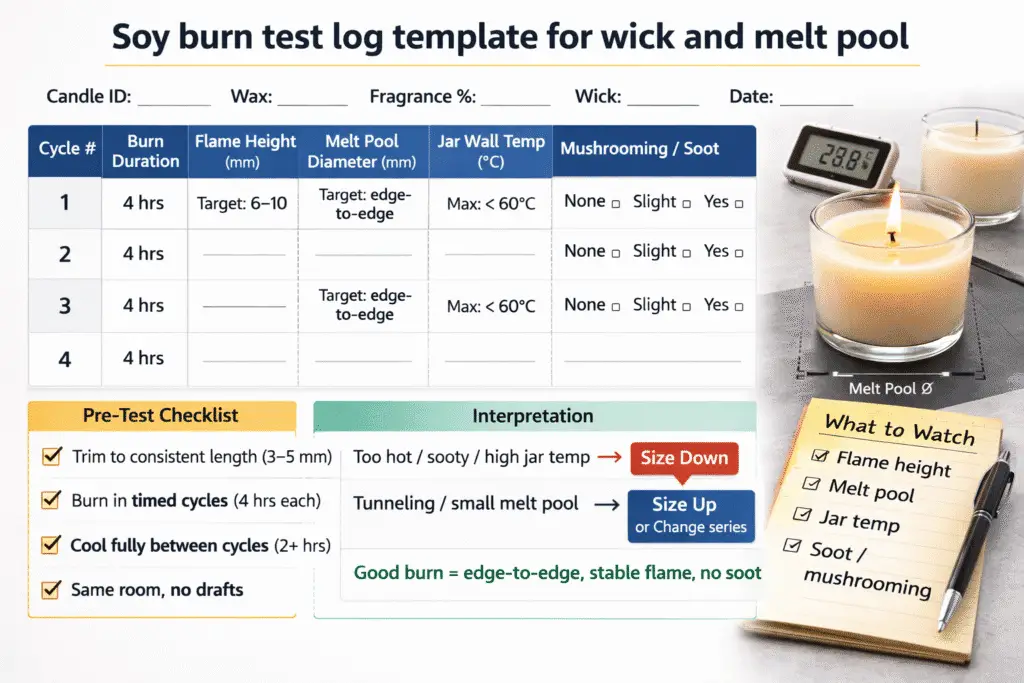Soy candle burn test benchmark for wick size melt pool and jar heat