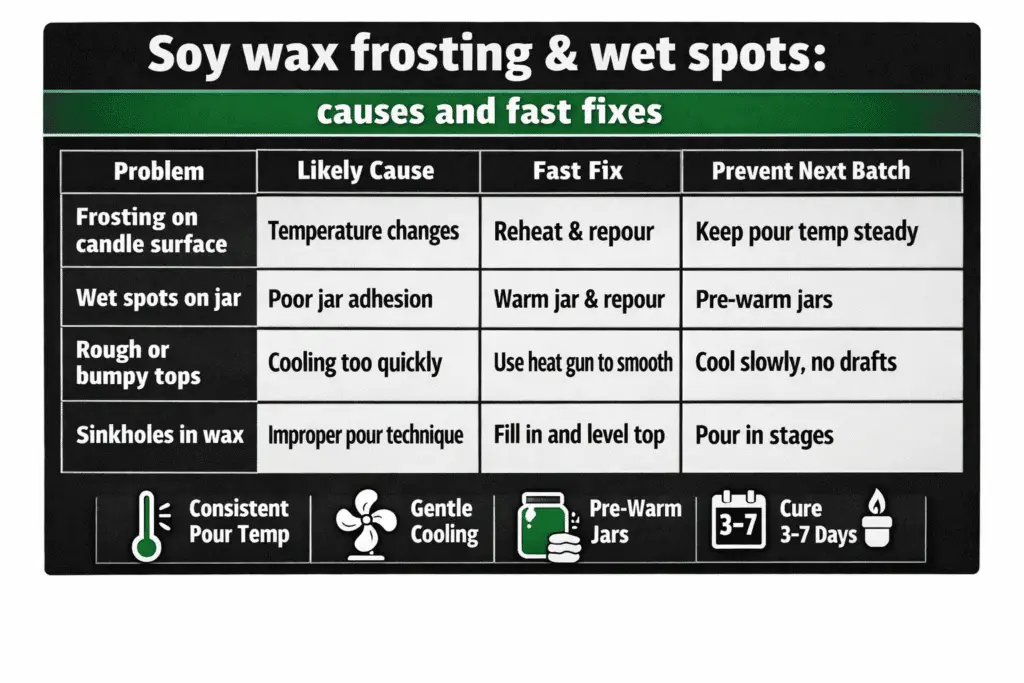 Candle making — Soy wax — frosting & wet spot fixes (cause → quick fix table)