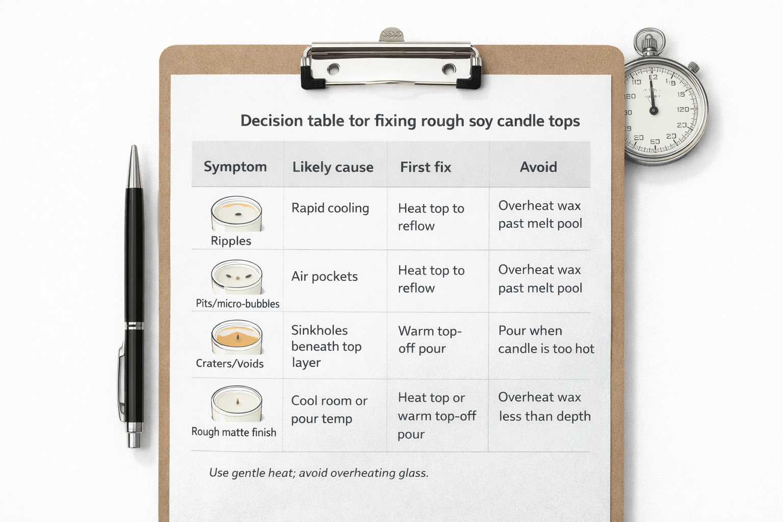 Decision guide for reflowing or top-off pouring rough soy candle tops