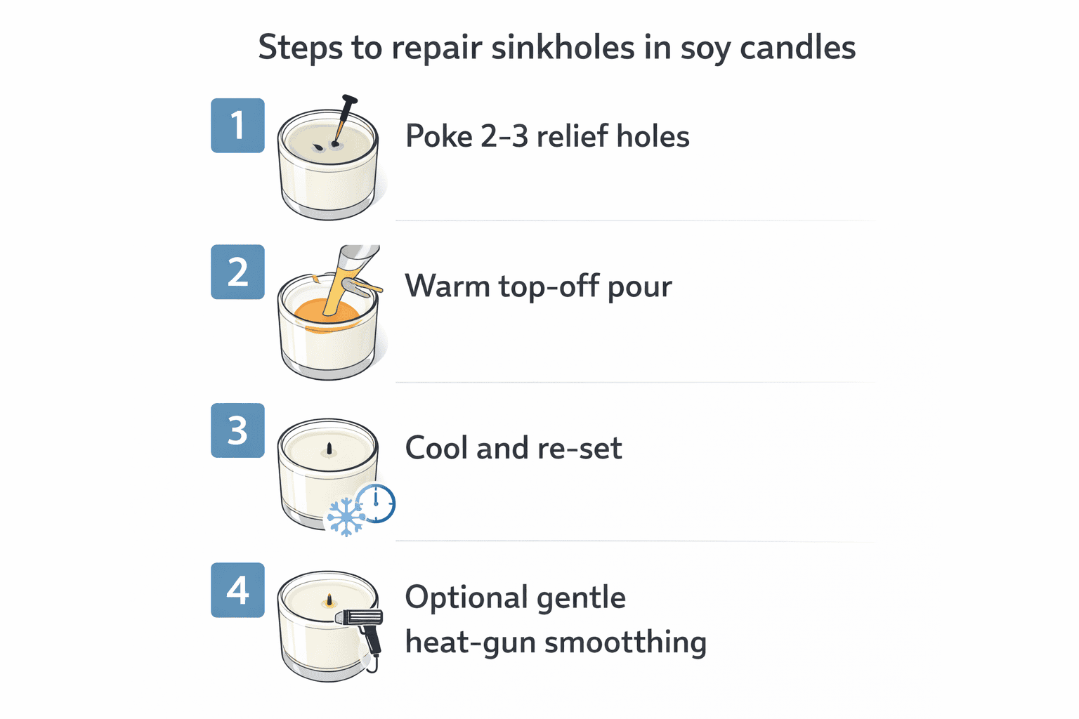Relief holes and a thin top-off pour used to repair a soy candle sinkhole