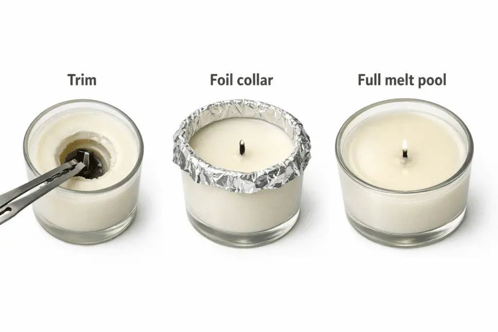 Foil collar around a tunneling soy candle to widen the melt pool
