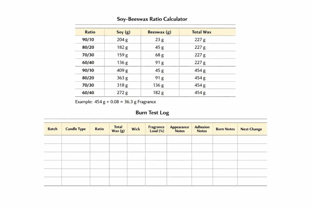 soy and beeswax blend calculator and burn-test log