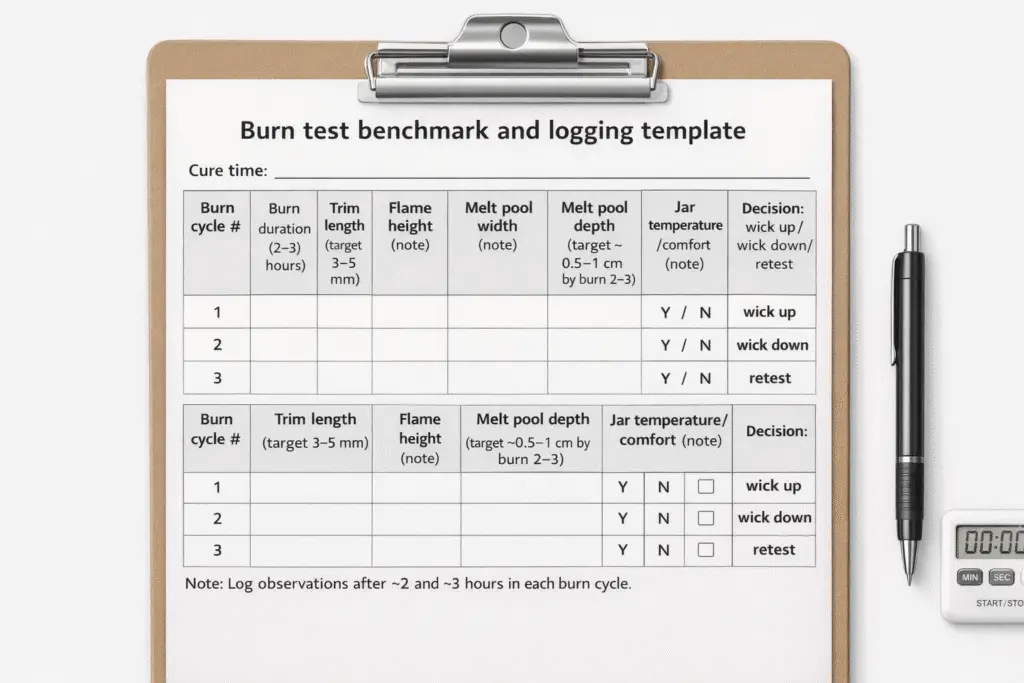 Candle making + Burn test log template + Melt pool and flame height and jar temperature
