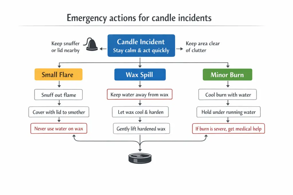 candle flare and wax spill and minor burn response steps