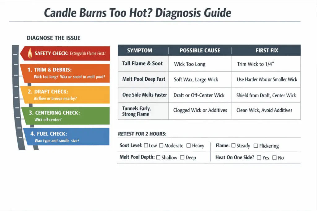 candle hot-burn diagnosis with tall flame soot and one-sided heat clues