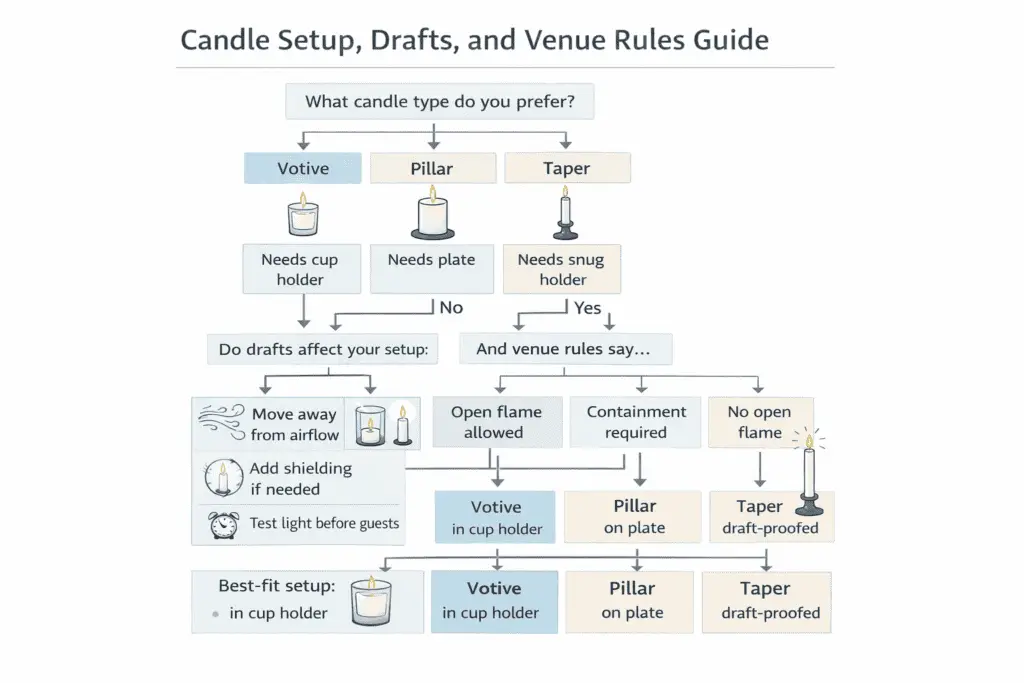 candle setup and draft-proofing flow for pillar votive and taper