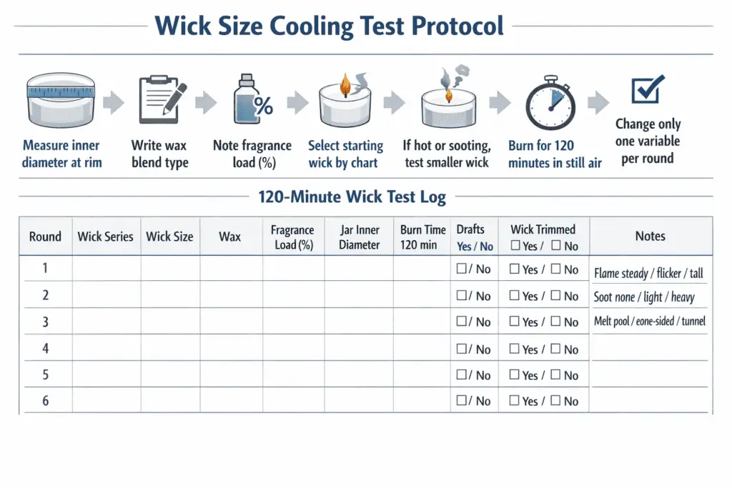 wick sizing steps and 120-minute candle test log