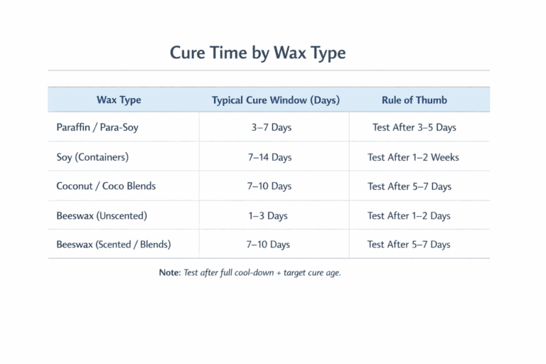 Candle making + Wax family + Cure timeline day bands