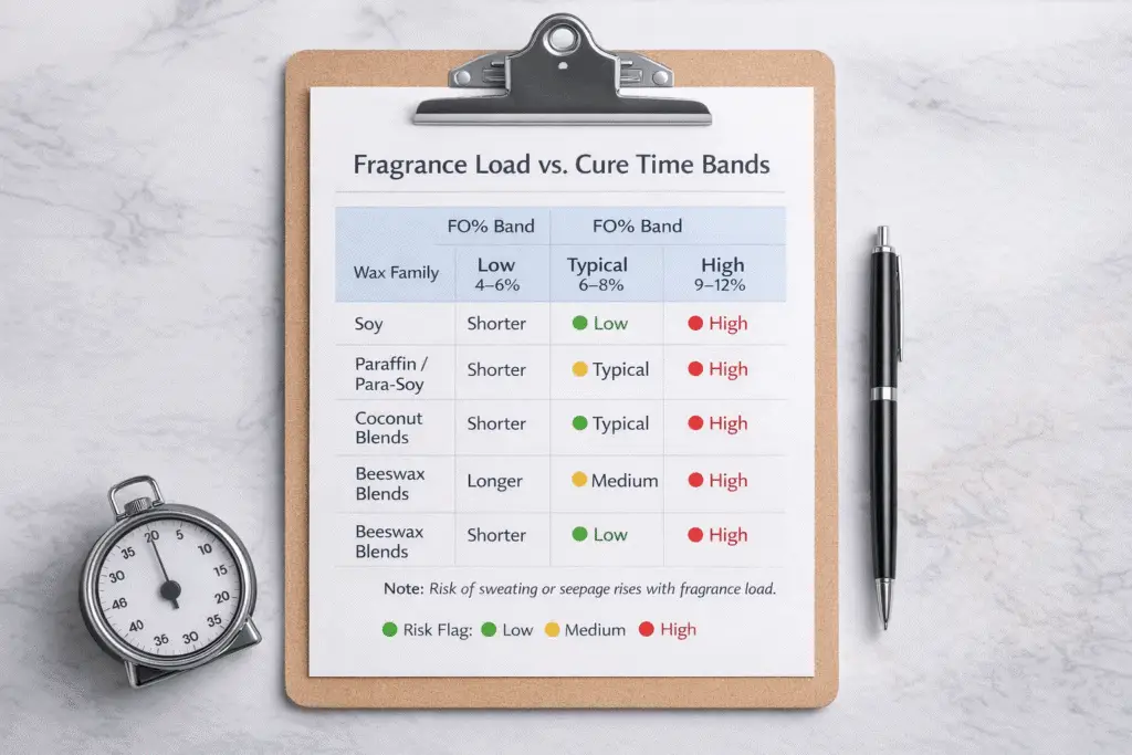 Candle making + Fragrance load + Cure time bands