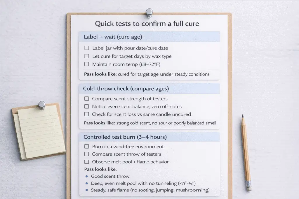 Candle curing + Full-cure tests + Checklist