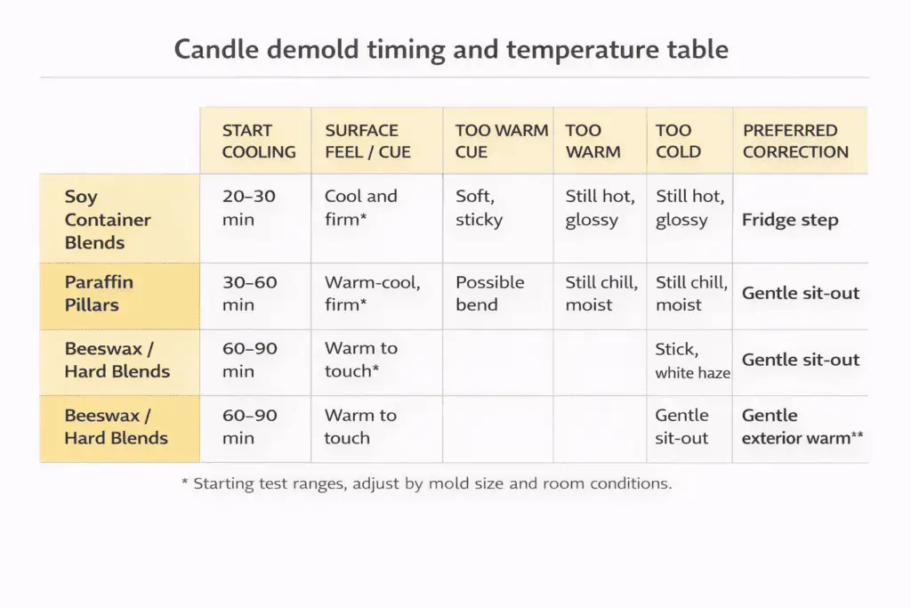 Chart comparing demolding timing and temperature test windows for different candle wax types