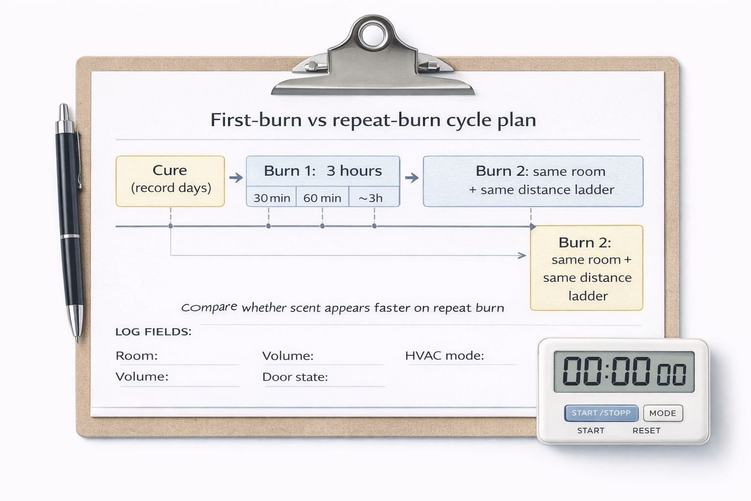 Burn cycle timeline for candle scent-throw testing with cure days, a first 3-hour burn, and repeat-burn checkpoints