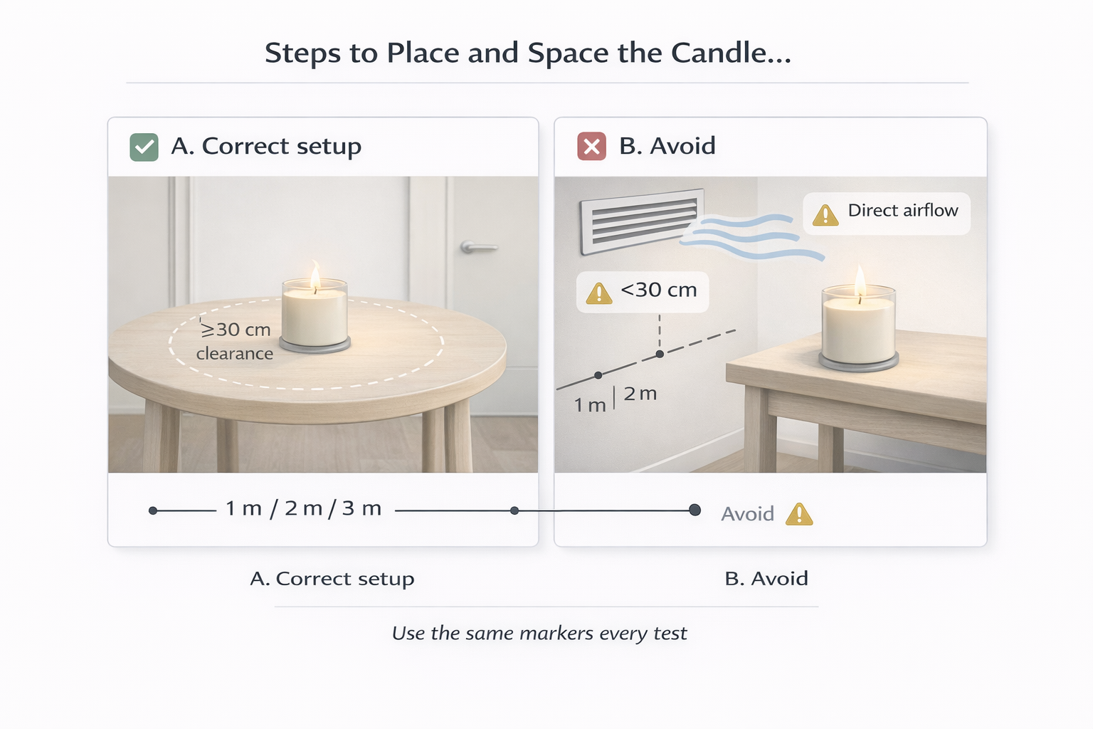 Candle placement diagram with wall clearance and a 1 m, 2 m, 3 m distance ladder for scent-throw testing