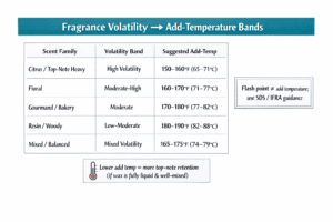 Candle scent throw variables chart with temperature and volatility details.