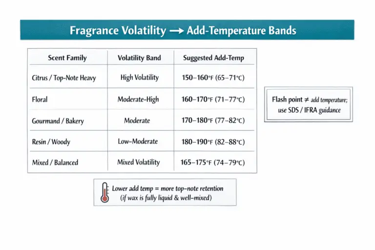 Candle scent throw variables chart with temperature and volatility details.