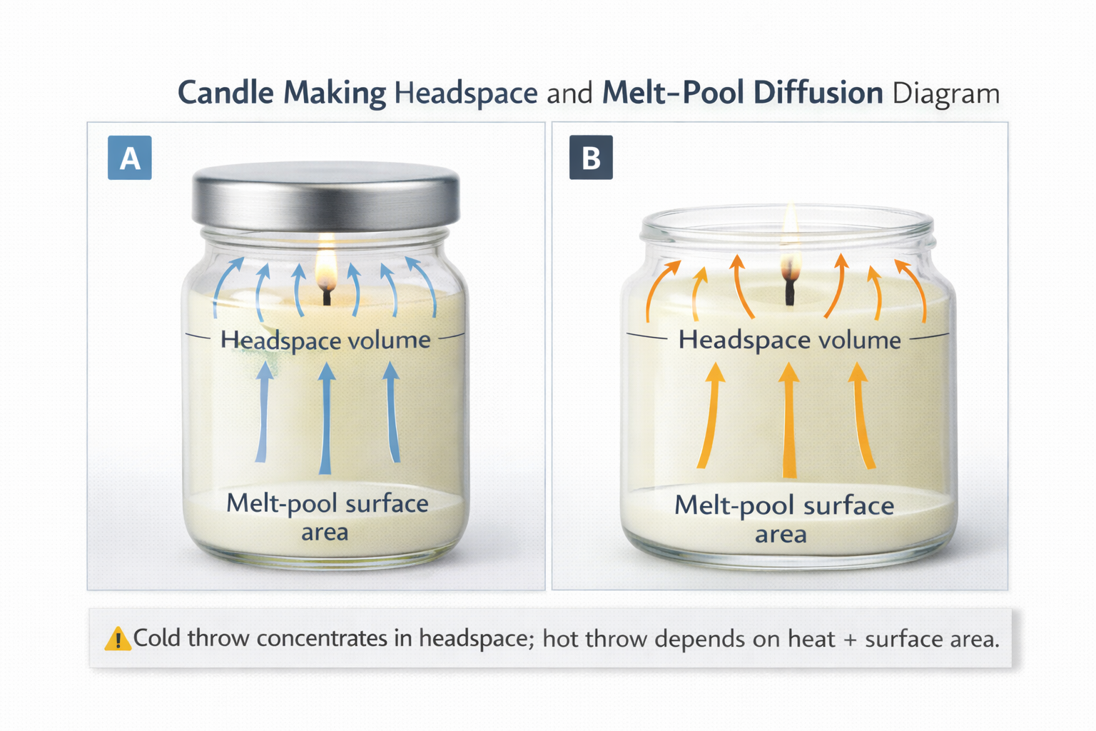 Headspace and lid diagram showing fragrance retention above candle wax.