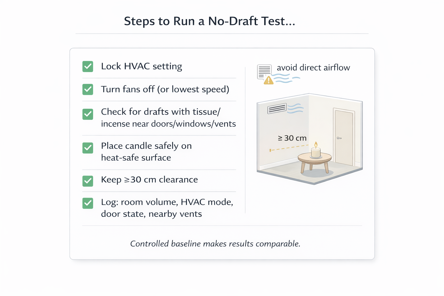 No-draft candle test checklist showing windows, fans, vents, and HVAC controls before a room scent-throw test