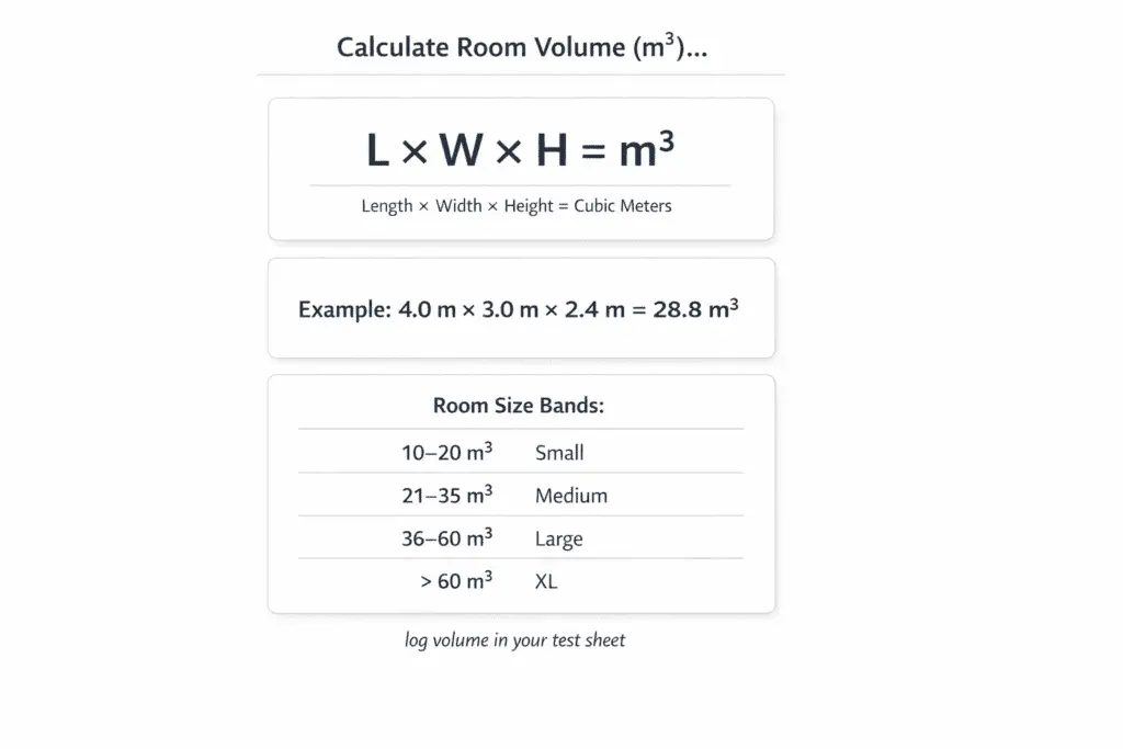 Room volume formula for candle scent-throw testing using length, width, and height in meters