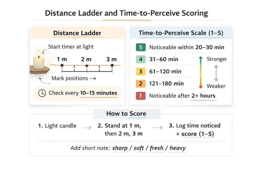 Scent-throw scoring sheet with distance markers and a 1 to 5 time-to-perceive scale for candle room tests
