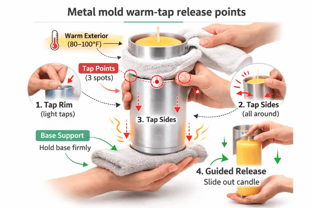 A rigid candle mold being gently warmed and tapped to help release a pillar candle