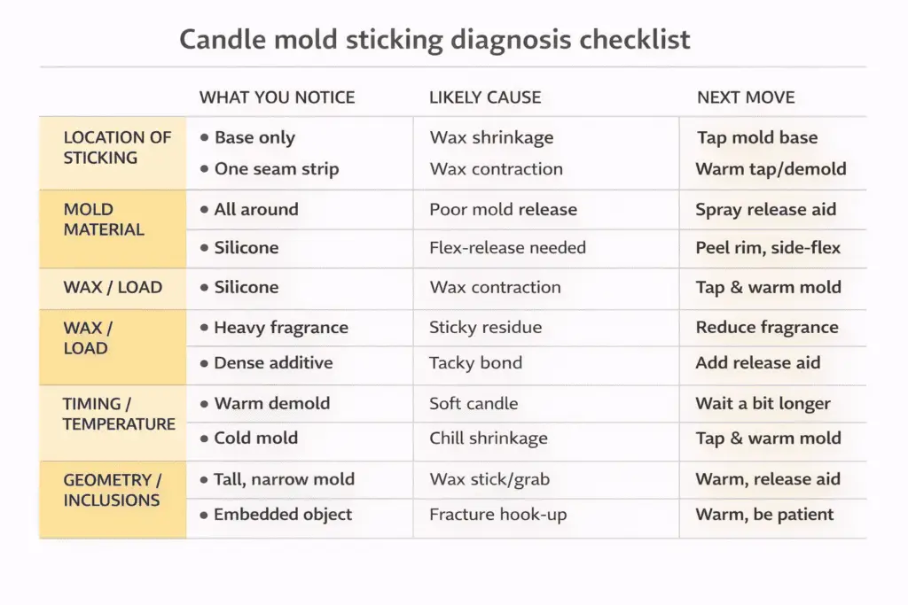 Checklist of common candle sticking patterns by location, mold type, and likely cause