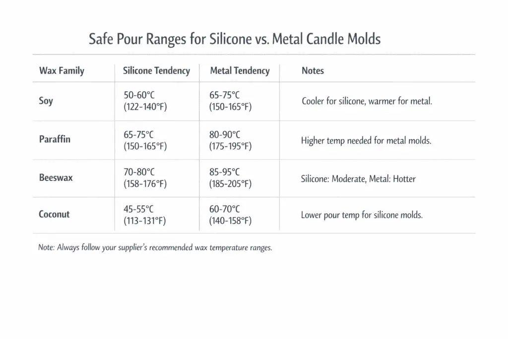Matrix showing pour-temperature tendencies for silicone and metal candle molds