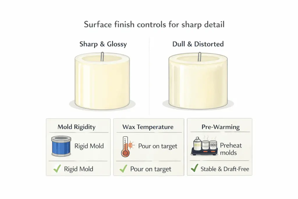 candle molds + surface finish + sharp-vs-dull comparison