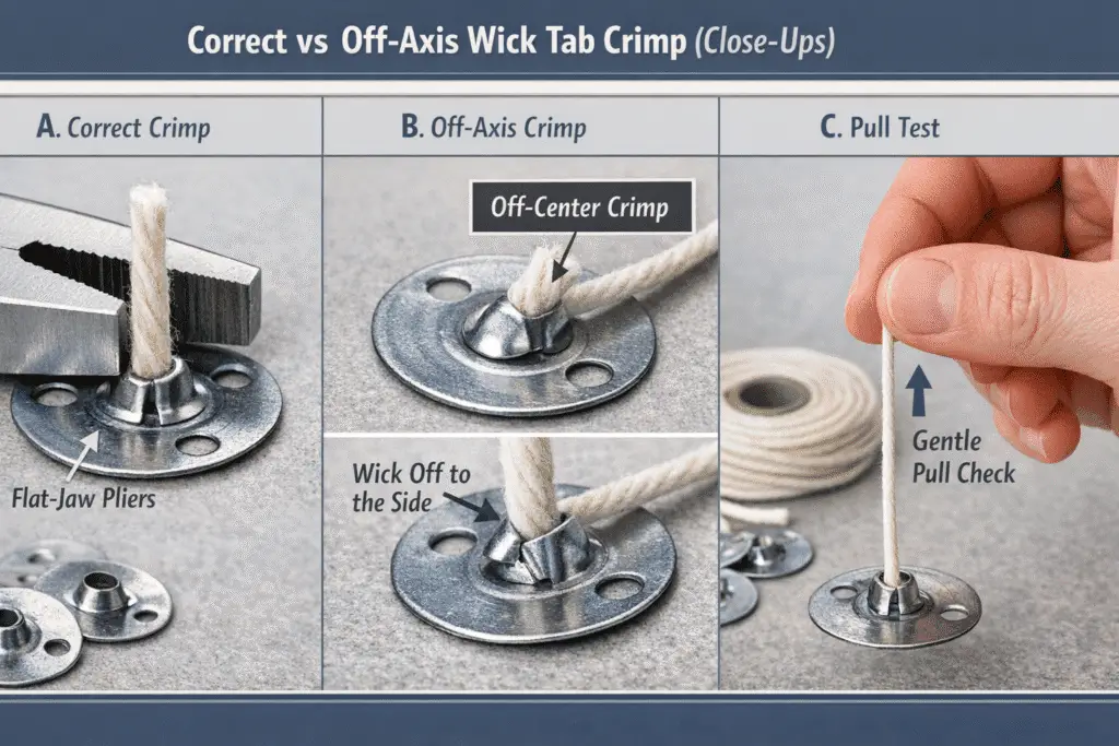 candle making pre-tabbing and correct vs off-axis crimp