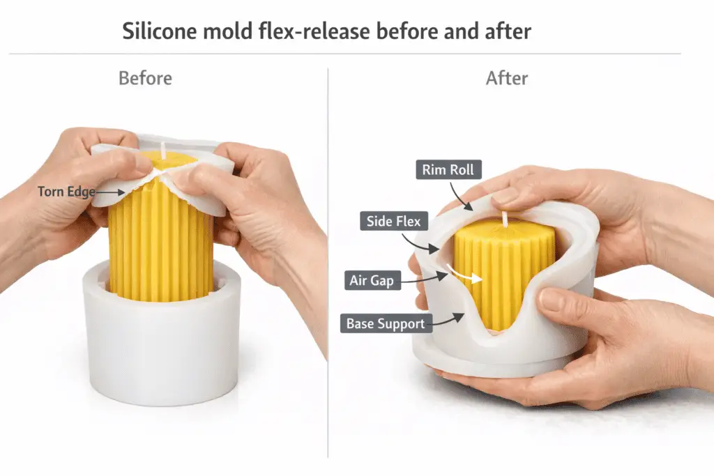 A candle being released from a silicone mold by gently peeling the mold wall away from the wax
