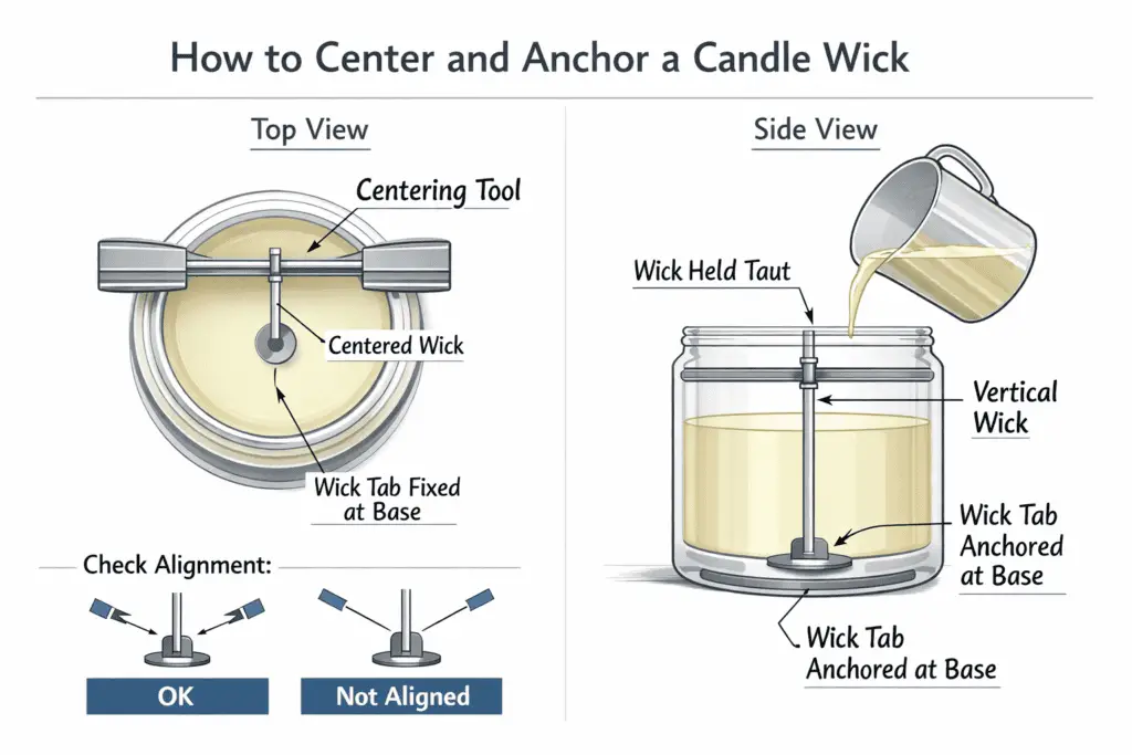 wick anchoring and centered alignment and vertical flame setup