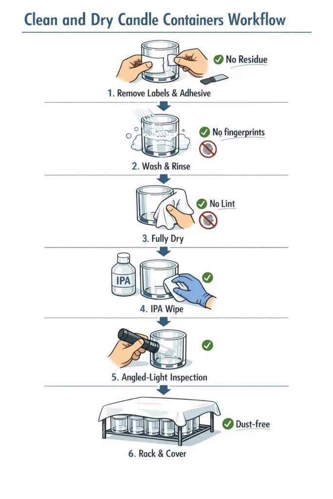 clean candle jar interior and lint-free drying workflow