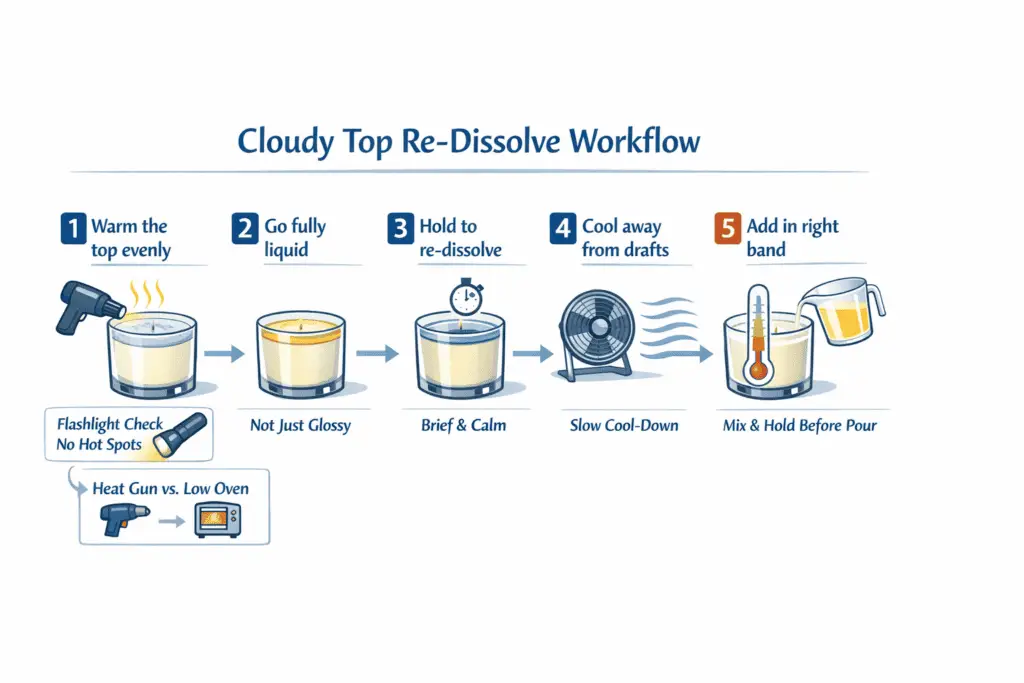 cloudy candle top and re-dissolve steps with slow cool workflow