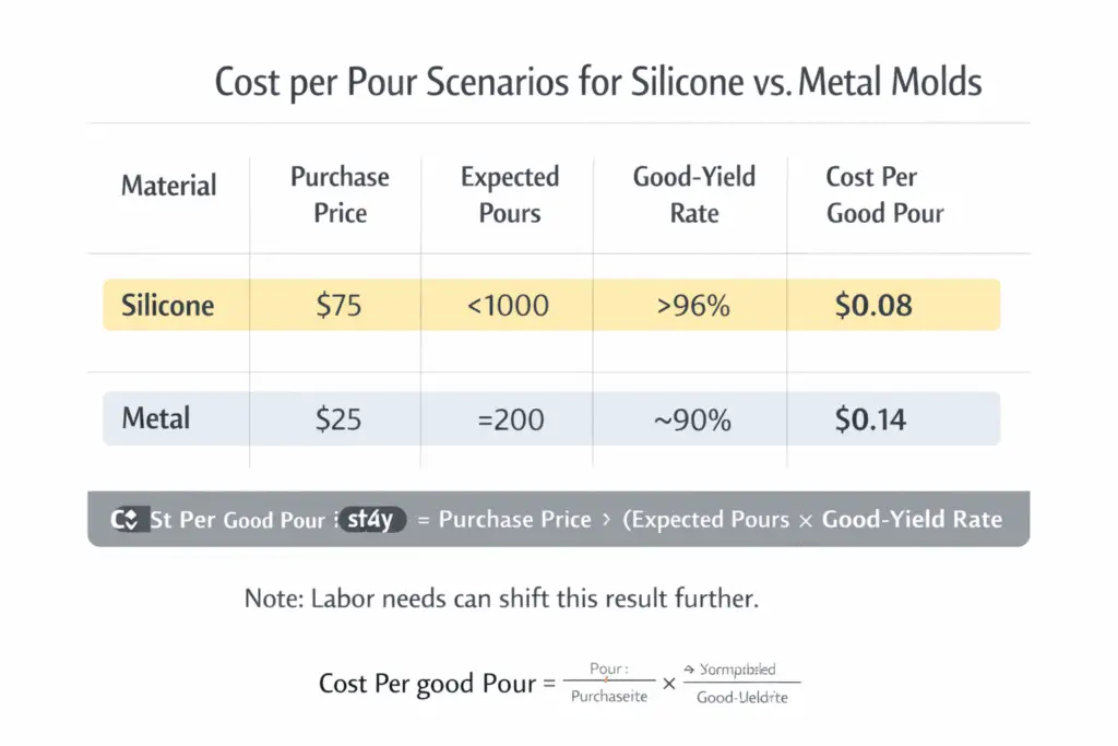 Illustration of candle mold cost-per-pour scenarios for silicone and metal molds